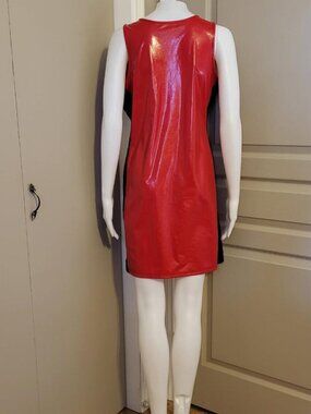 Red shiny vinyl sleeveless v-neck dress with black side stripe - M